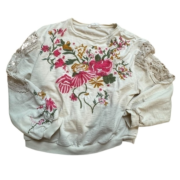 ANTHROPOLOGIE Crochet Sleeve Floral Embroidered Pullover Sweatshirt Size XXS GUC - Picture 3 of 7